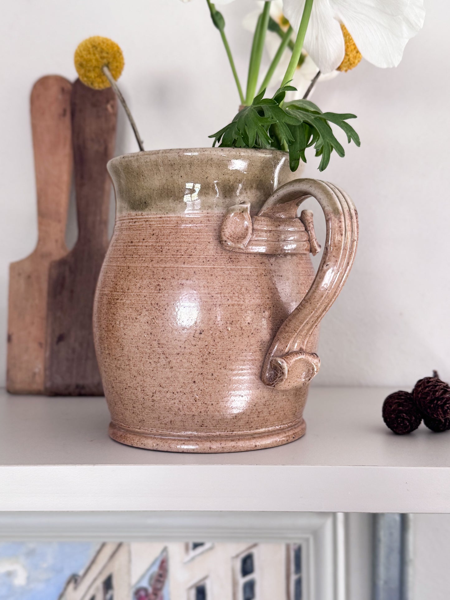 Vintage French Olive Green Salt Glaze Studio Pottery Jug