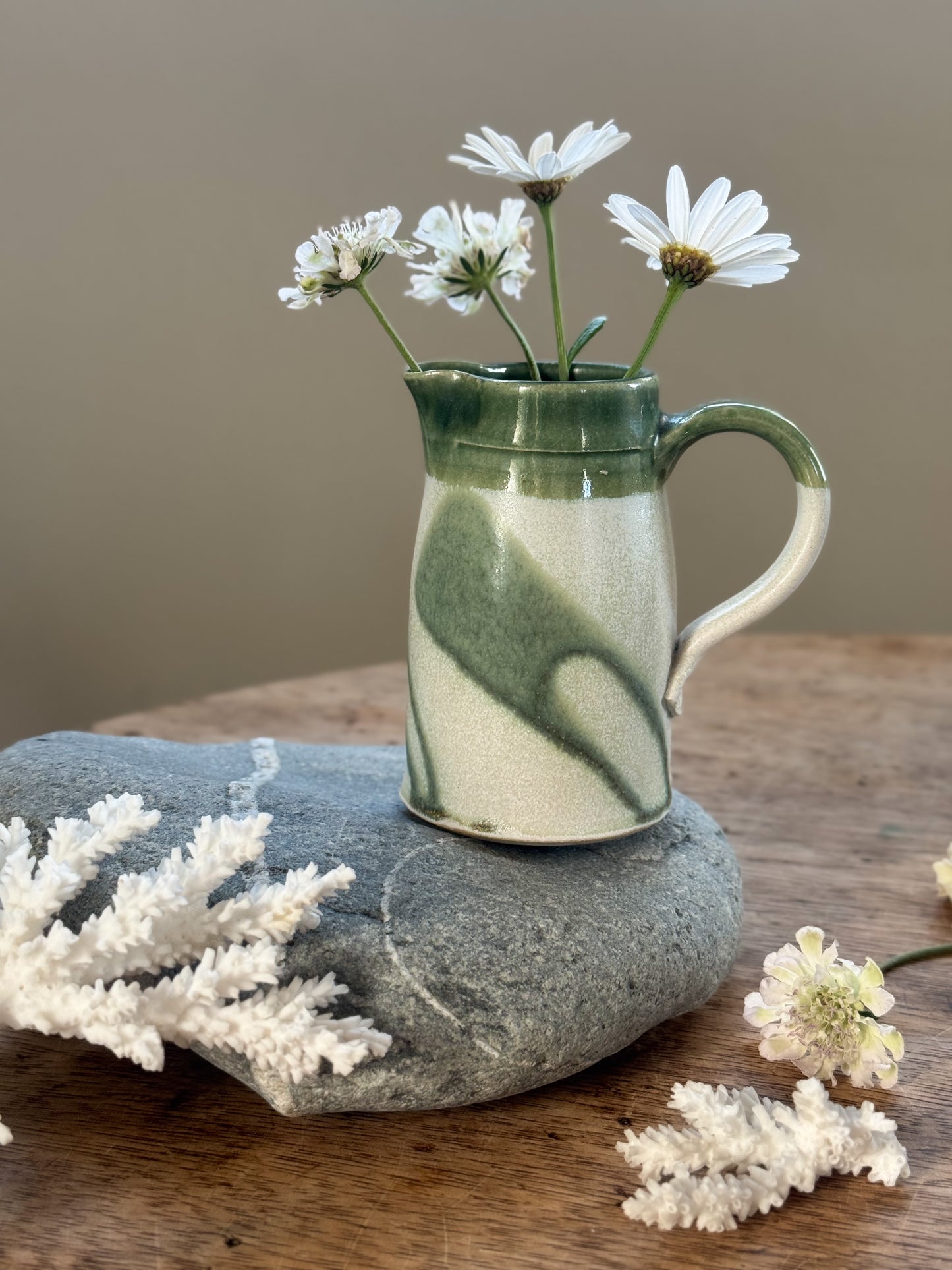 Vintage Studio Pottery Creamer Jug - Olive Green Drip Glaze