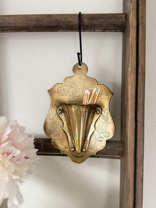 Antique Handmade Brass Wall Pocket with Etched Floral Design