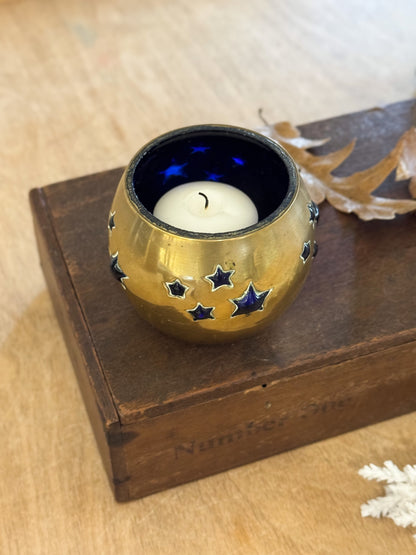Vintage Brass & Cobalt Blue Star Candle Holder