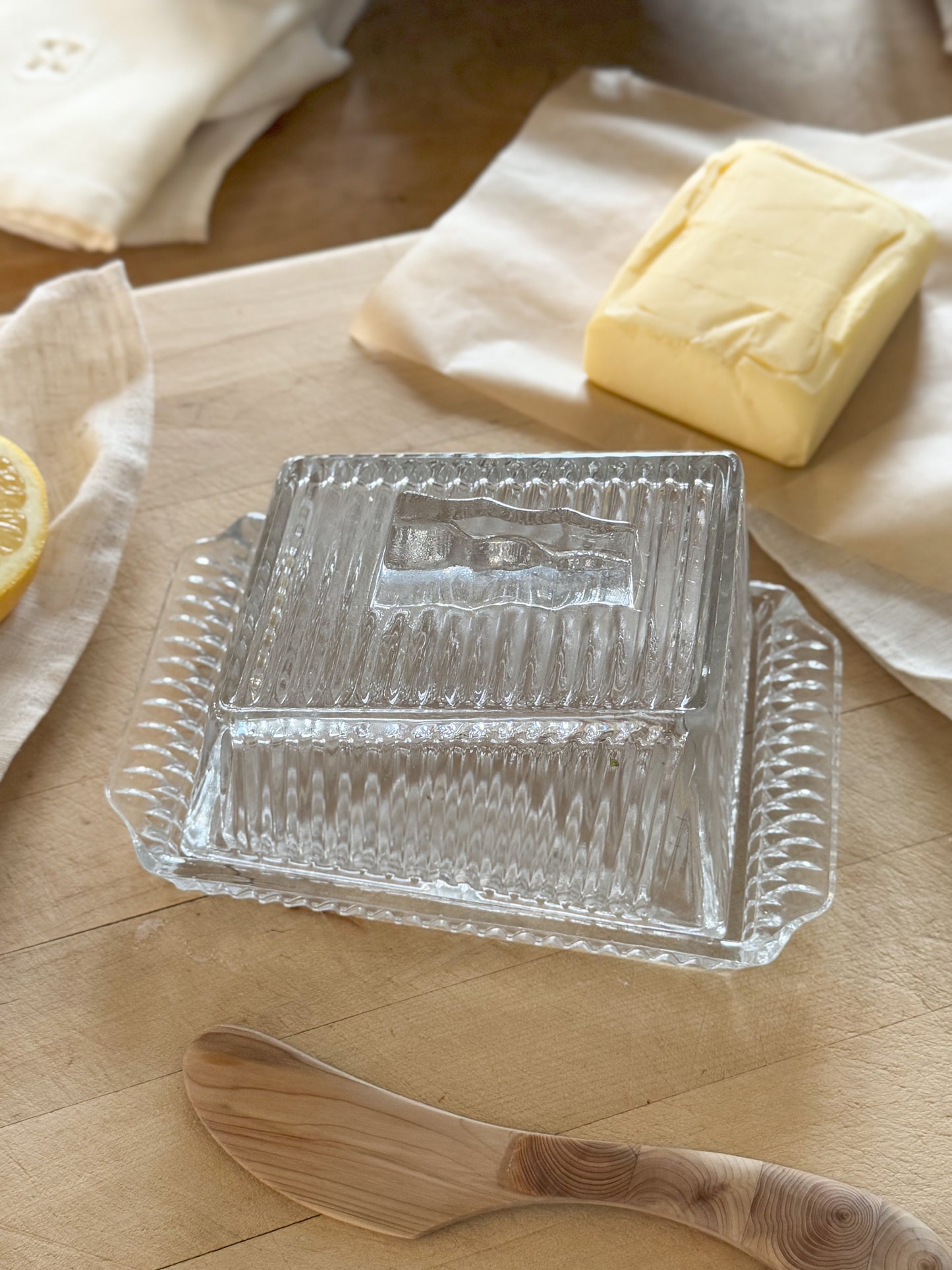 Vintage 1930s Art Deco Cut Glass Butter Dish • Cheese Dish