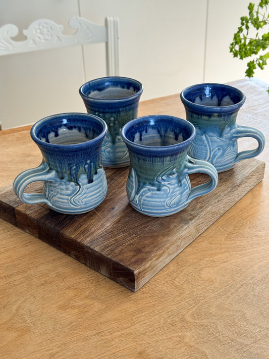 Incredible Vintage Abstract Studio Pottery Mugs, Ocean Blues • Set of 4