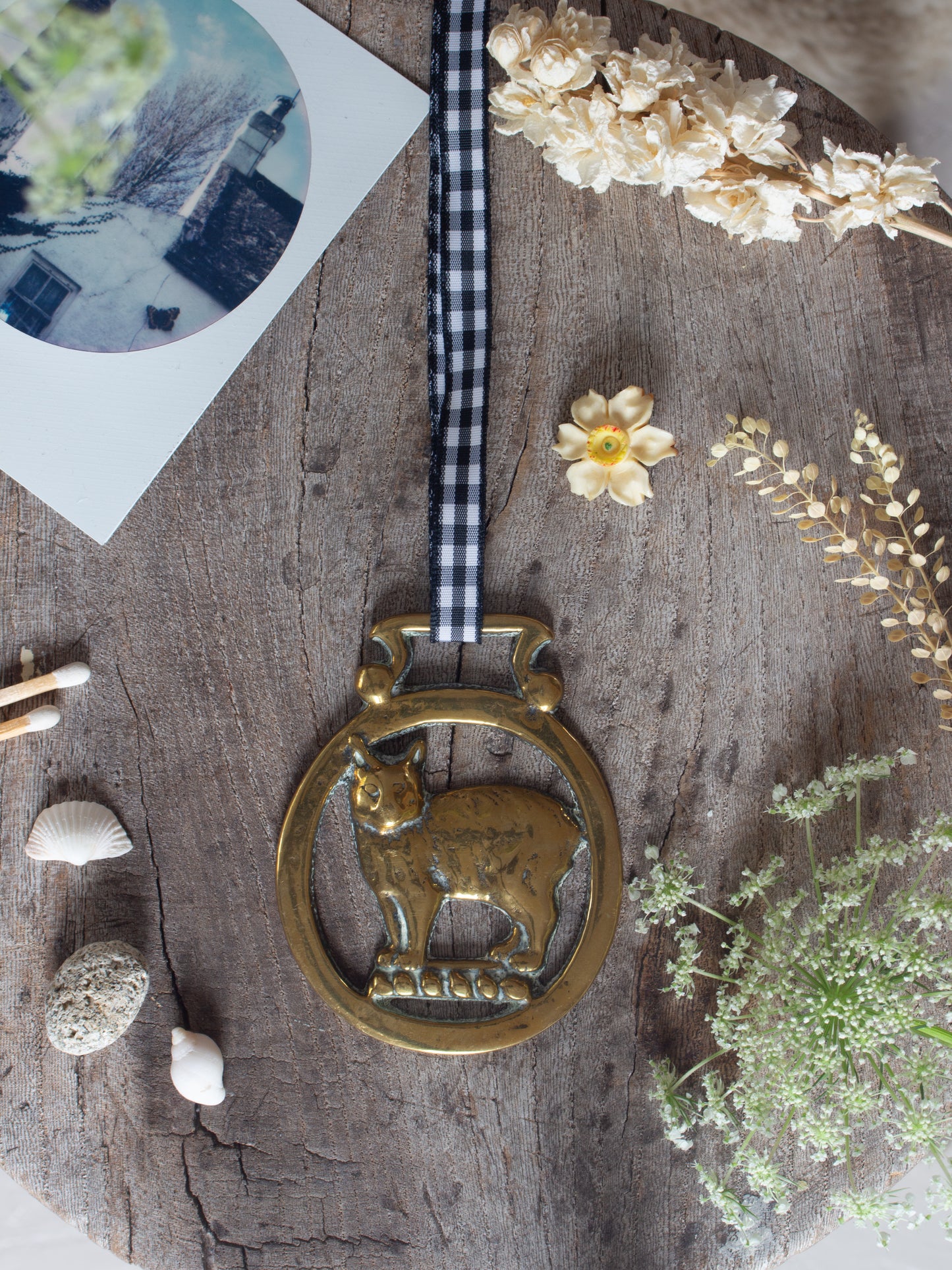 Vintage Solid Brass Cat Token on Gingham Ribbon