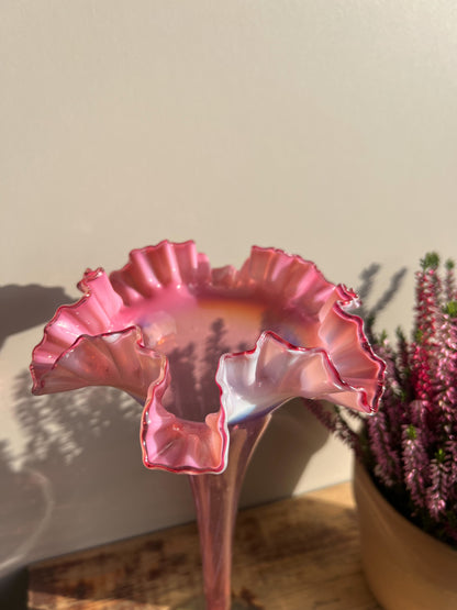 Murano Cranberry Art Glass Fazzoletto Vase • Ruffled Bud Vase