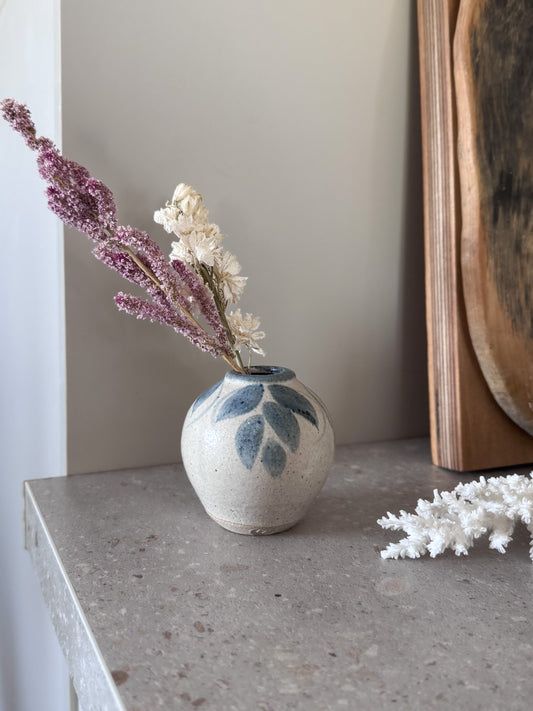 Vintage Studio Pottery Bud Vase with Blue Leaf Motif