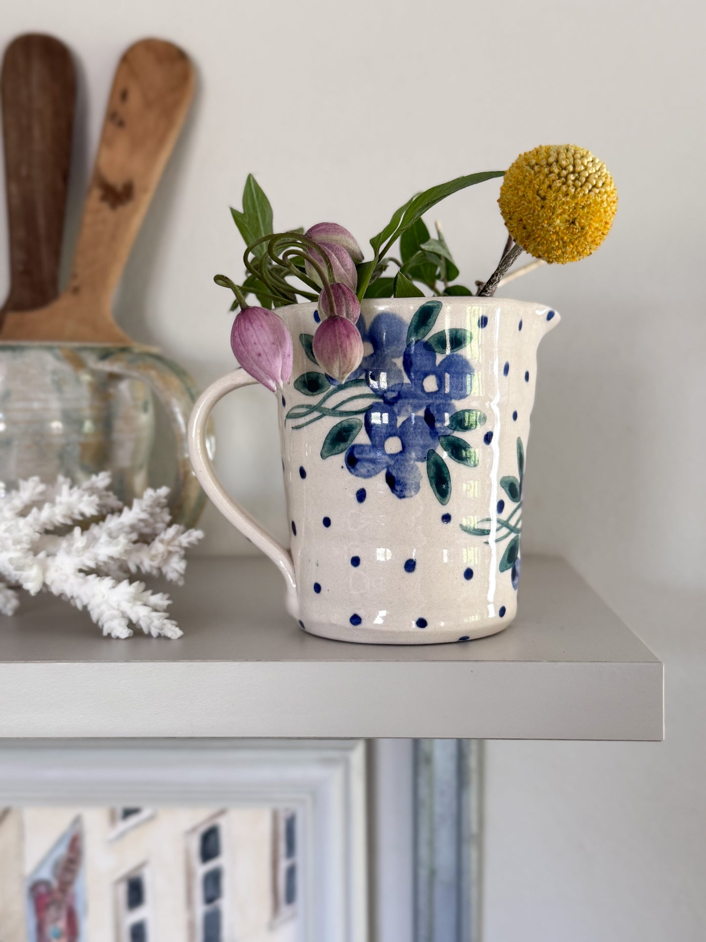 Vintage Blue Floral Polka Dot Spongeware Jug by Bell Pottery,  Oxfordshire