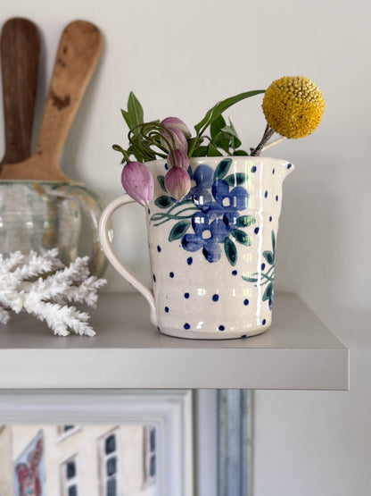 Vintage Blue Floral Polka Dot Spongeware Jug by Bell Pottery,  Oxfordshire