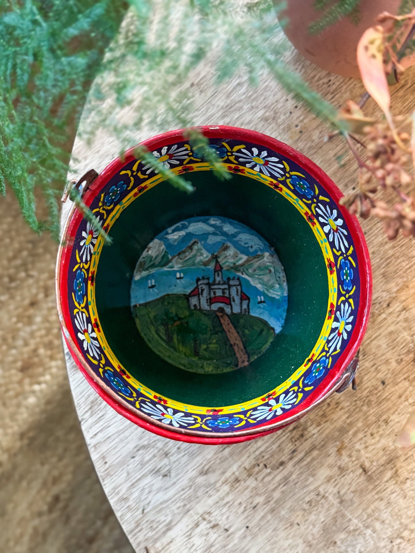 Vintage Hand-Painted Toleware Bucket - Folk Art Treasure