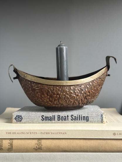 Antique Copper & Brass Boat Shaped Candle Holder with Floral Etchings