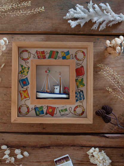 Vintage Wooden Fishing Boat Shadow Box • Nautical Folk Art Wall Hanging