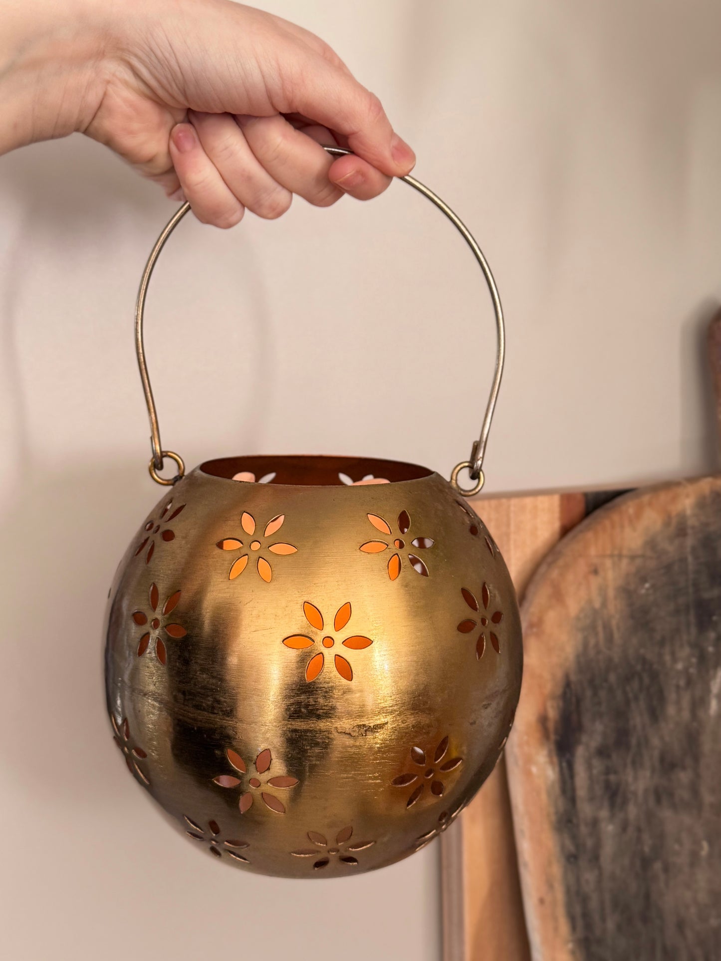 Large Vintage Brass Floral Cut-Out Lantern