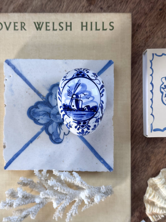 Vintage Delft Blue Hand-Painted Porcelain Egg Trinket Box