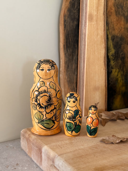 Vintage Wooden Hand-Painted Nesting Dolls - Set of 3