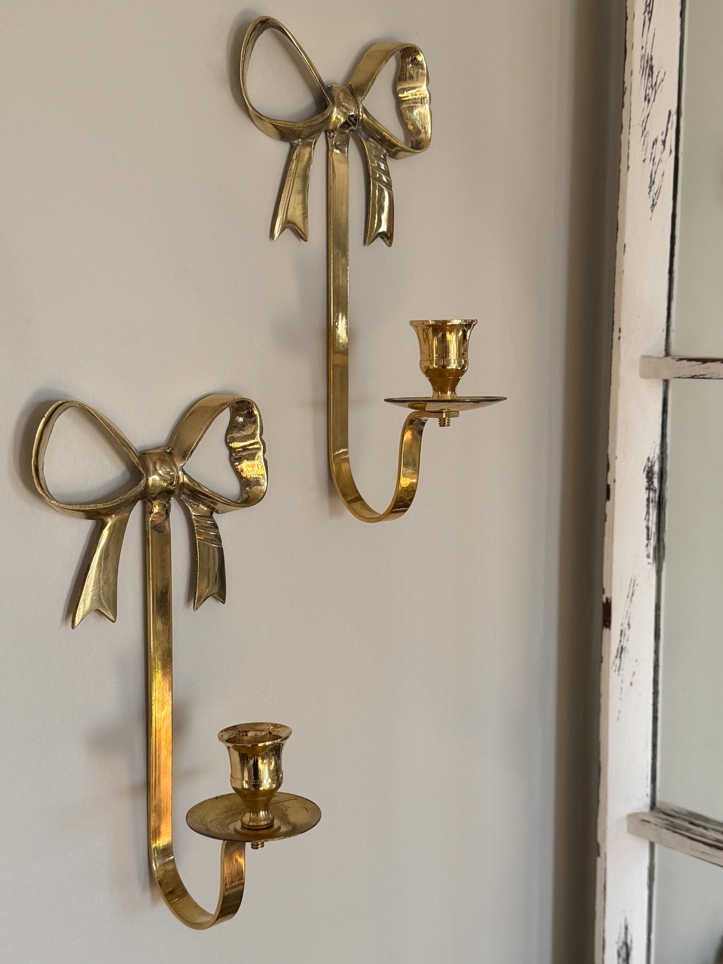 Vintage Pair of Solid Brass Bow Wall Sconces
