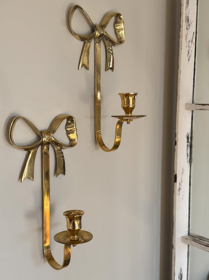 Vintage Pair of Solid Brass Bow Wall Sconces