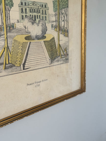 Antique French Framed Hot Air Balloon Etching, “Premier Voyage Aérien, 1783”