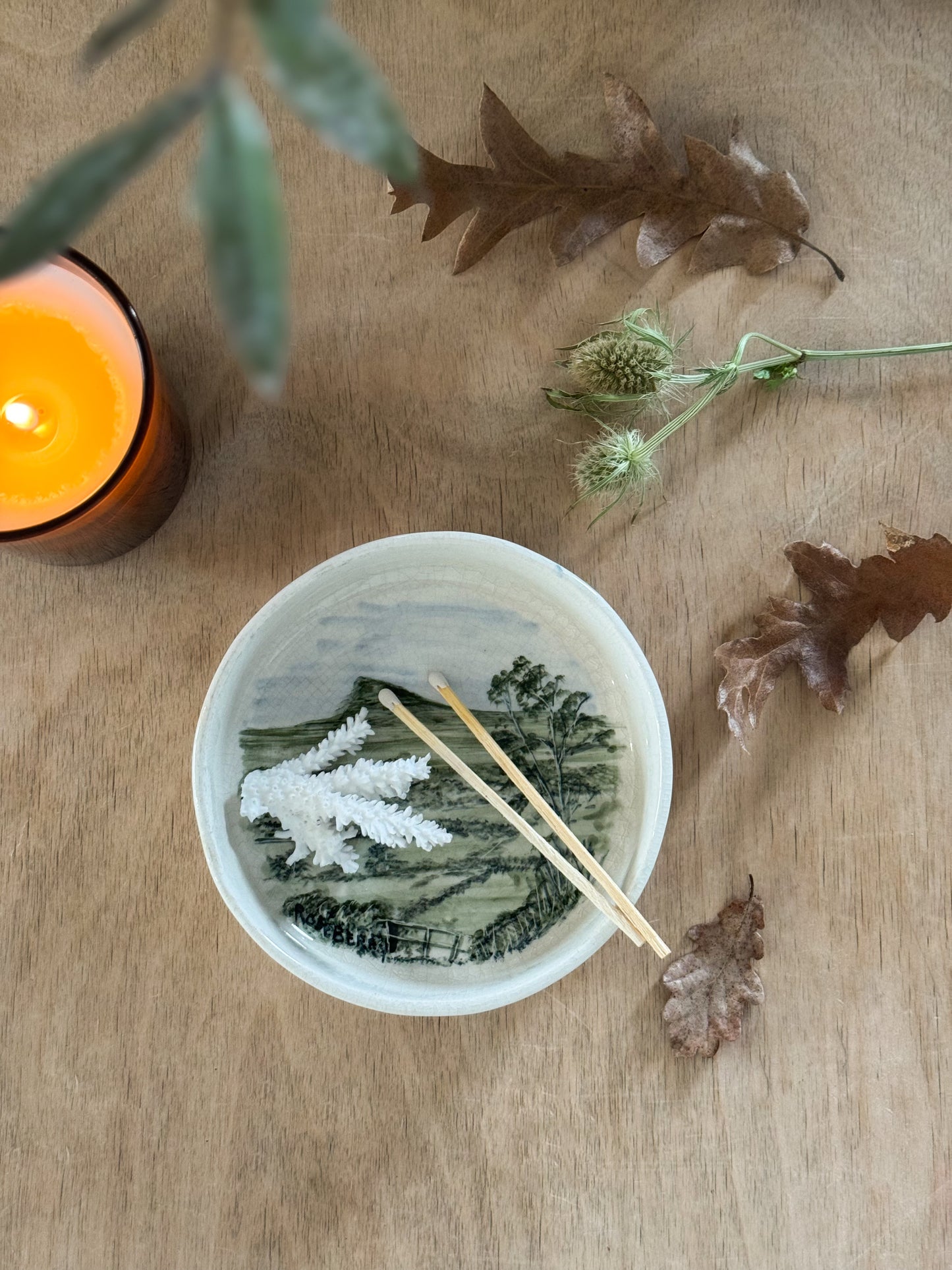Vintage Colley Arts Studio Pottery Rural Landscape Trinket Dish, PF Alexander, Yorkshire, 1970s