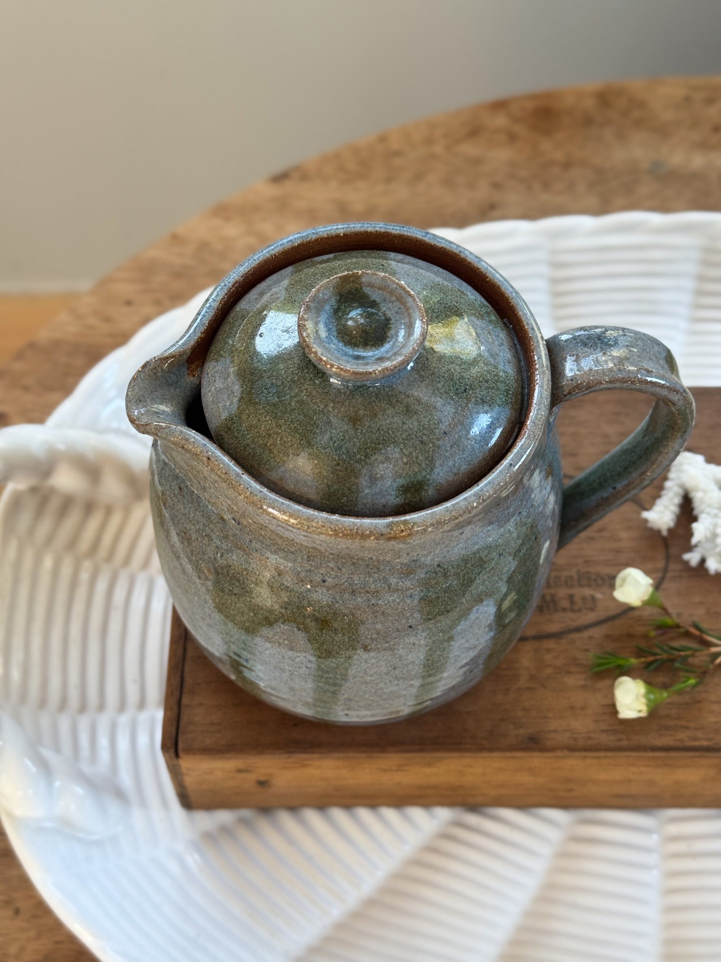 Vintage Studio Pottery Teapot with Blue & Green Drip Glaze