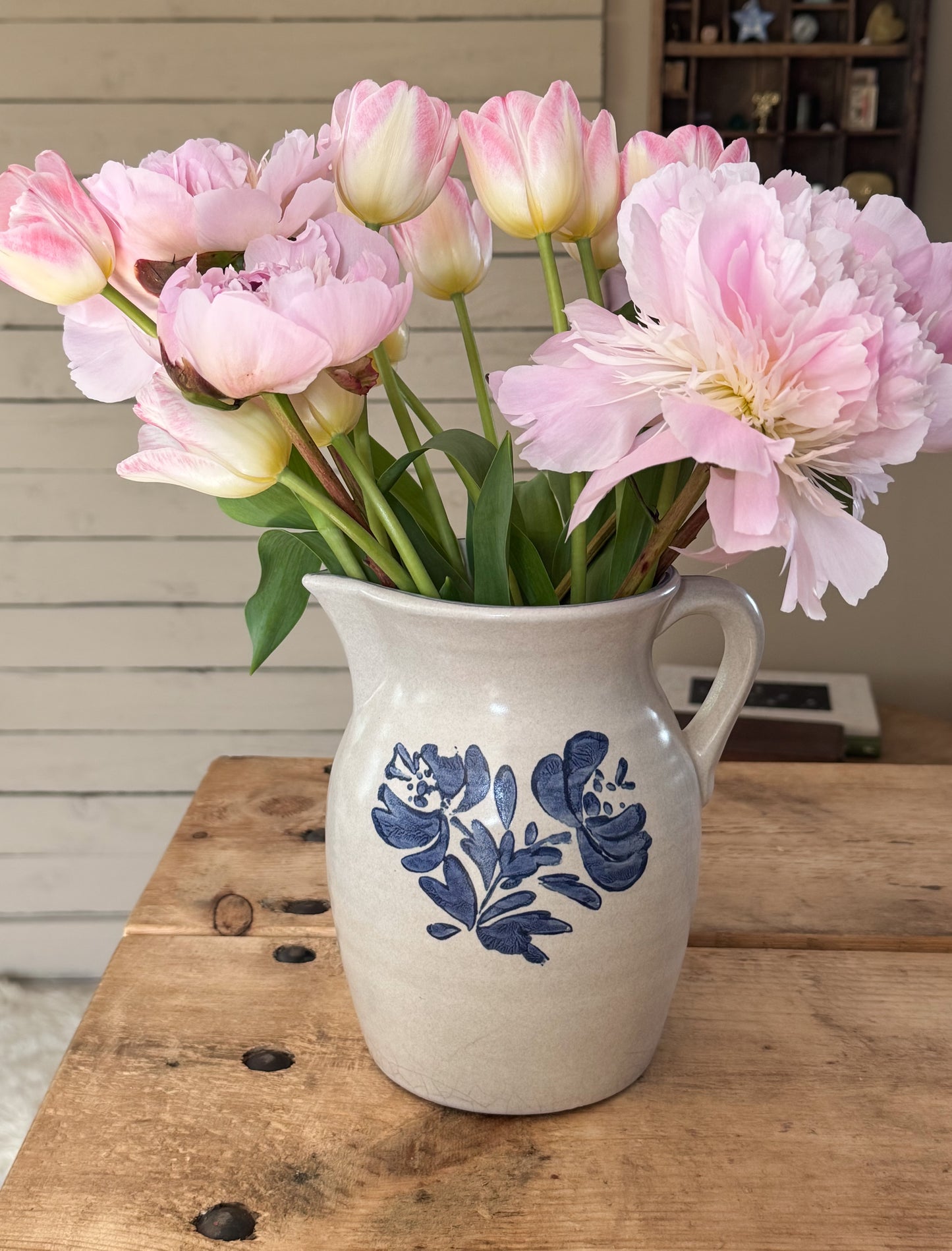Vintage Studio Pottery Jug with Blue Hand-Painted Floral Design