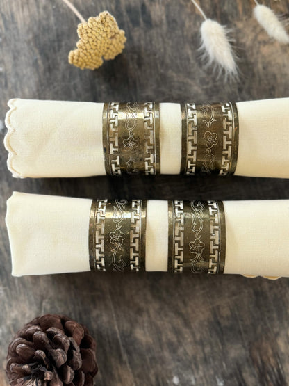 Vintage Etched Brass Floral Napkin Rings (Set of 4)