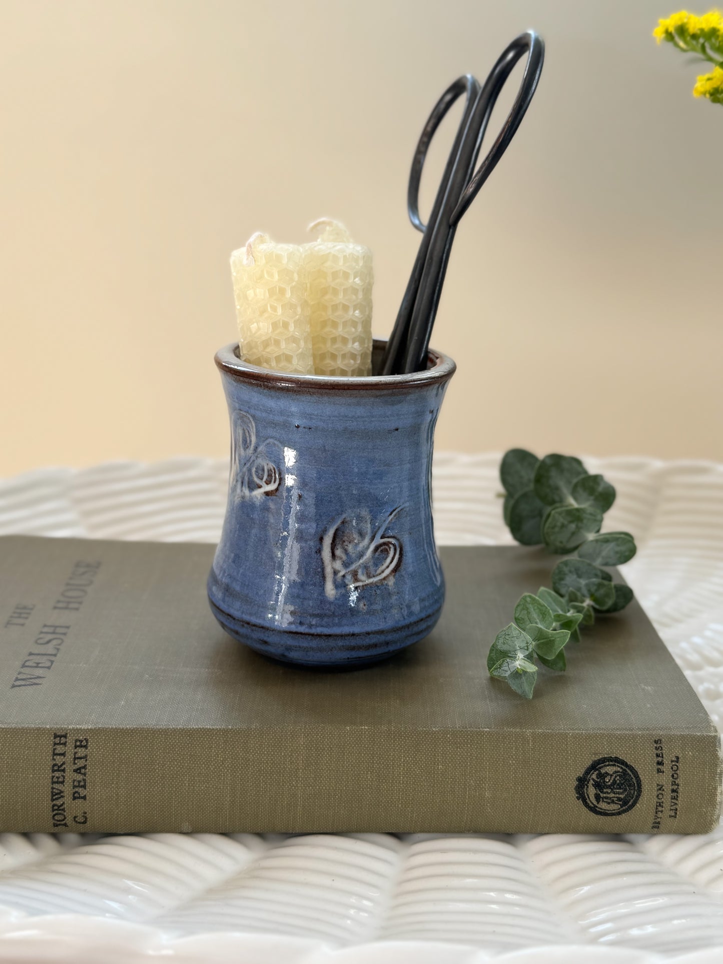 Vintage Buckfast Abbey Pottery Pen Pot - Blue Glaze with Leaf Details