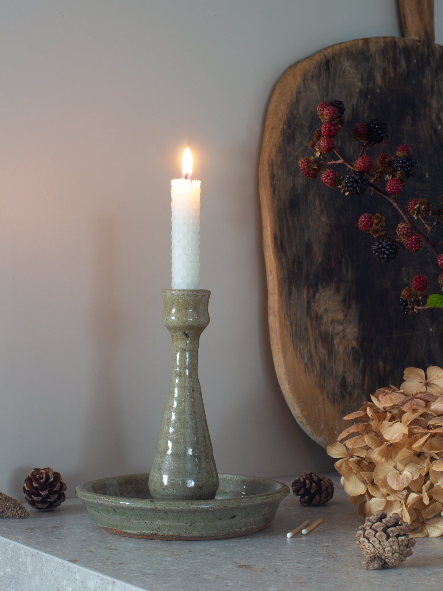 Vintage Olive Green Studio Pottery Candle Holder with Drip Tray