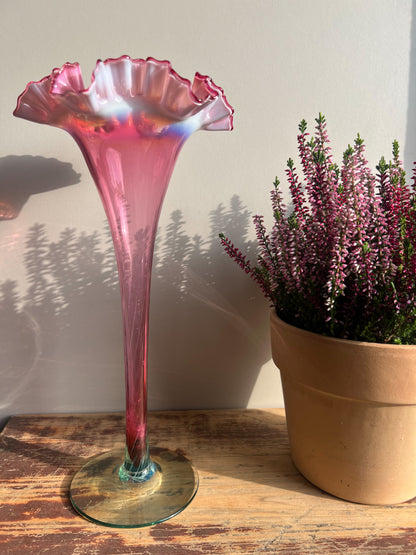 Murano Cranberry Art Glass Fazzoletto Vase • Ruffled Bud Vase