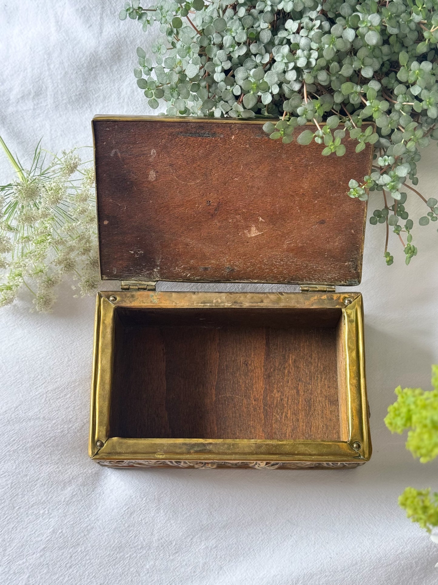 Handmade Antique Arts & Crafts Brass and Wood Box – Embossed Roses Design