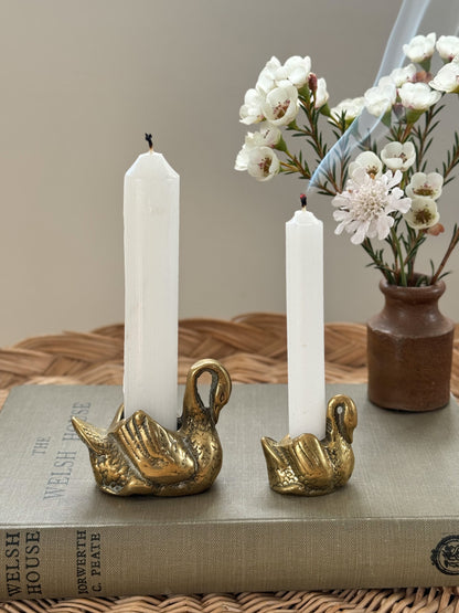 Pair of Vintage Solid Brass Swan Candle Holders / Match Pot