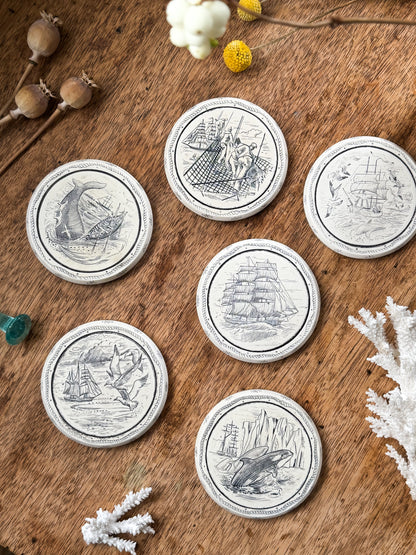 Set of 6 Vintage Etched Ceramic Nautical Coasters