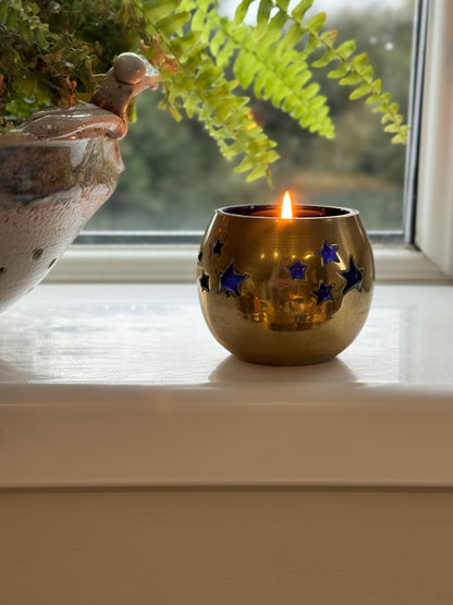 Vintage Brass & Cobalt Blue Star Candle Holder