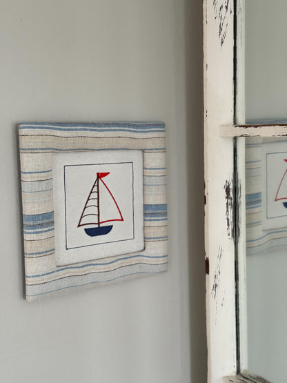 Embroidered Sail Boat in Fabric Frame