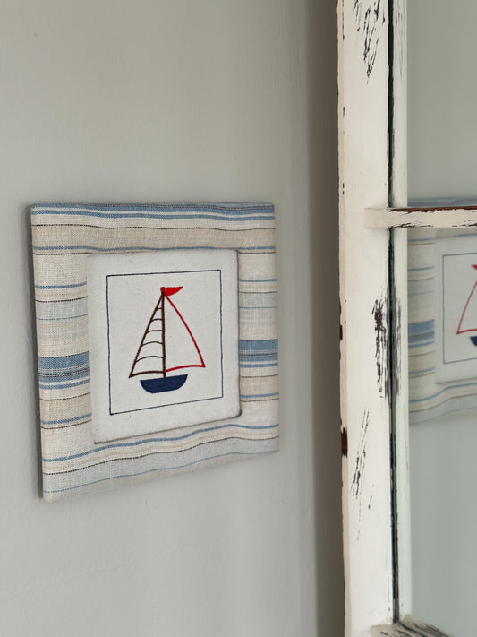 Embroidered Sail Boat in Fabric Frame