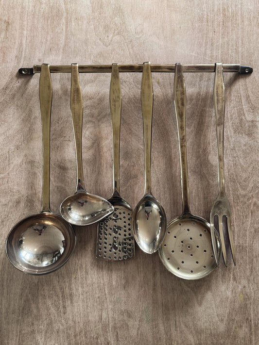Vintage Solid Brass Kitchen Utensil Set with Hanging Rail - Set of Six