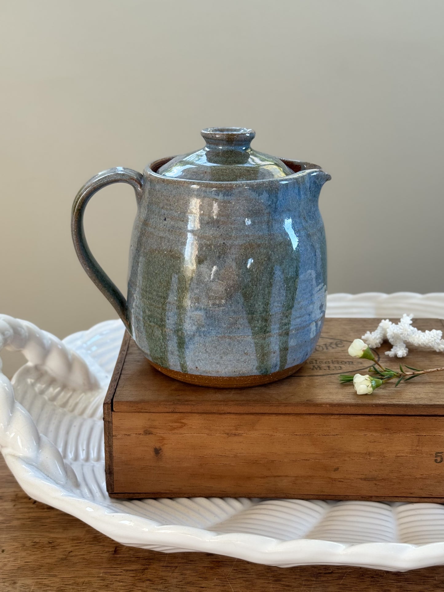 Vintage Studio Pottery Teapot with Blue & Green Drip Glaze