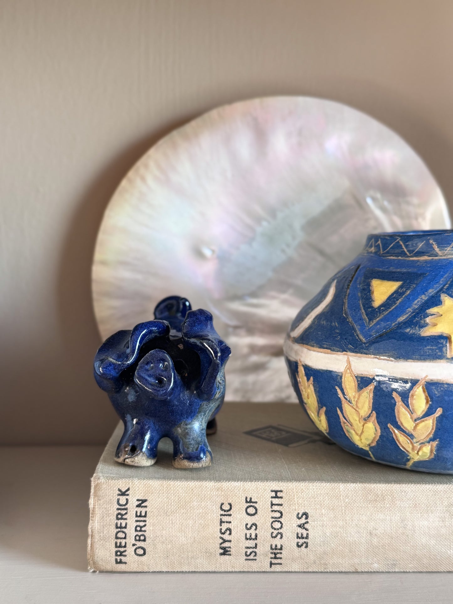 Vintage Studio Pottery Folk Art Pig Figure in Cobalt Blue Glaze