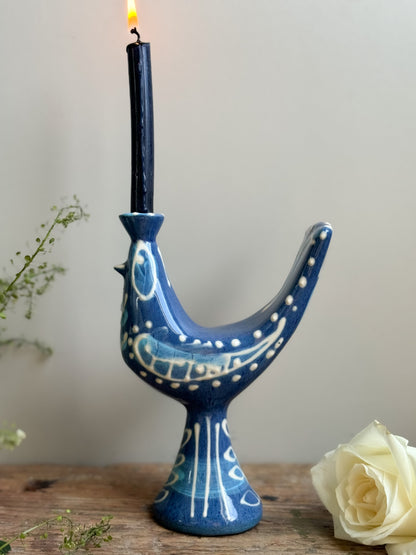Rare Vintage 1950s Powell & Llangollen Blue Slipware Cockerel Candle Holder