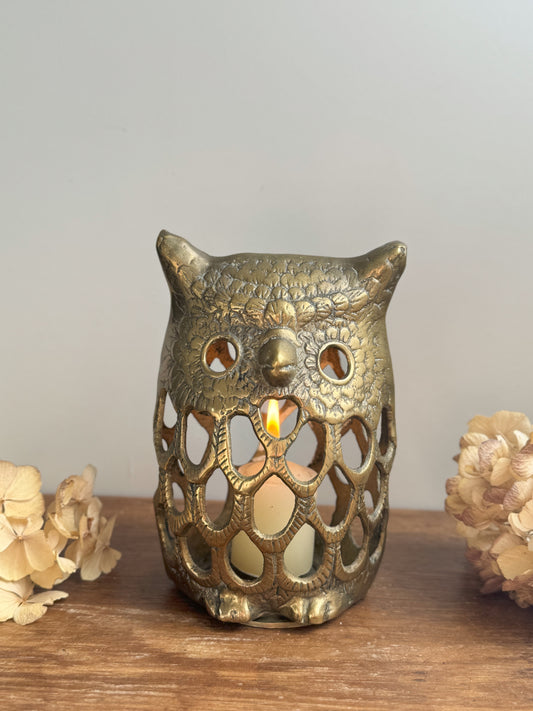 Vintage Solid Brass Owl Lantern • Candle Holder