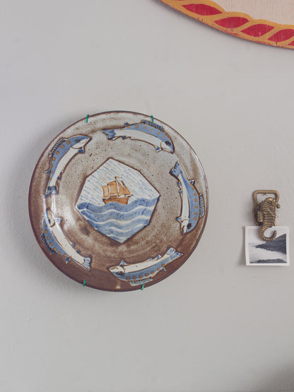 Rare Vintage Andrew McGarva Studio Pottery Fish & Sailing Ship Wall Plate
