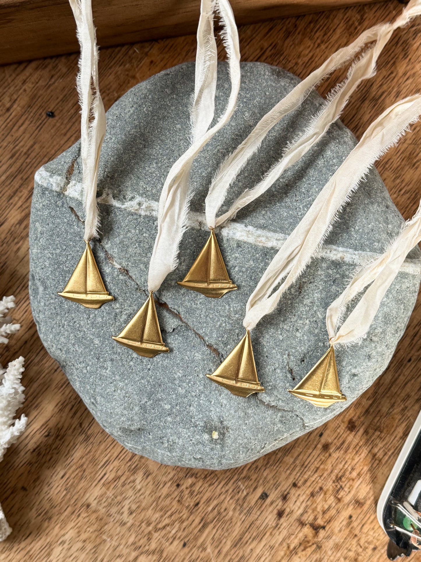 Handmade Miniature Brass Sailing Ship Decorations (Set of 5)