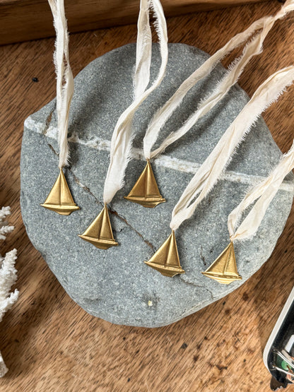 Handmade Miniature Brass Sailing Ship Decorations (Set of 5)
