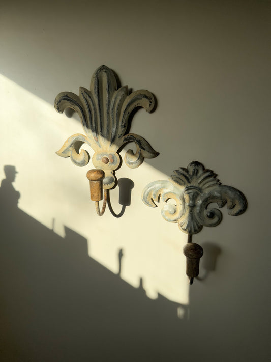 Vintage French fleur-de-lis Tin Coat Hook Pair