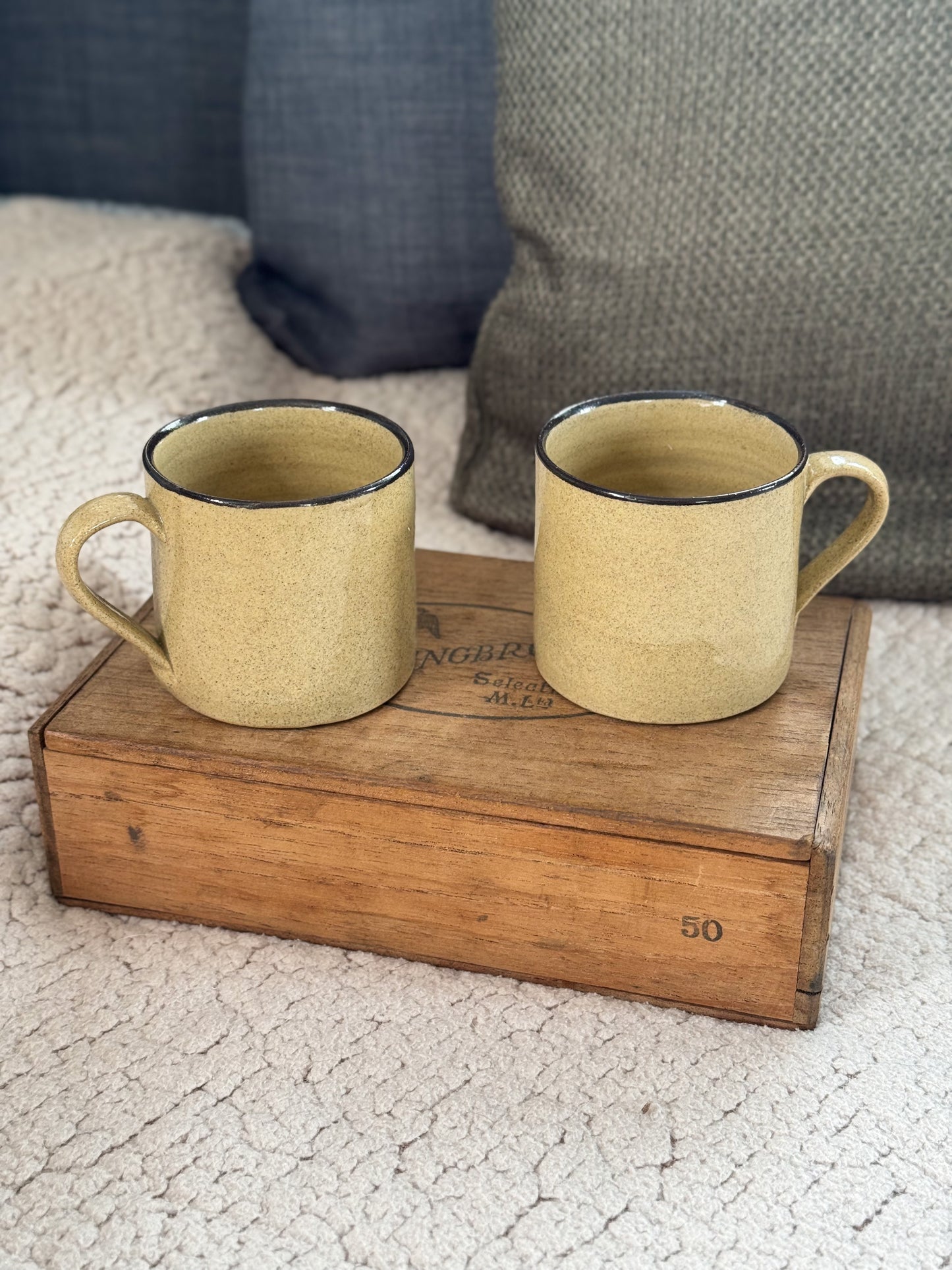 Vintage Welsh Studio Pottery Flat White Mug Pair by Abaty Pottery