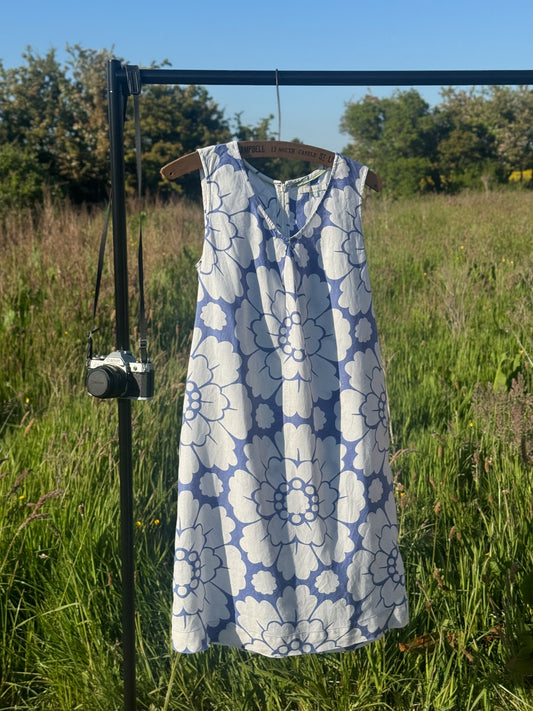 Boden Linen Shift Dress Blue & White Floral | UK 12, Long