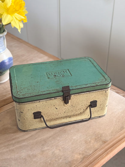 Vintage Midcentury 1940s/50s Metal Lunch Box - Green & Butter Yellow Worker’s Lunch Tin