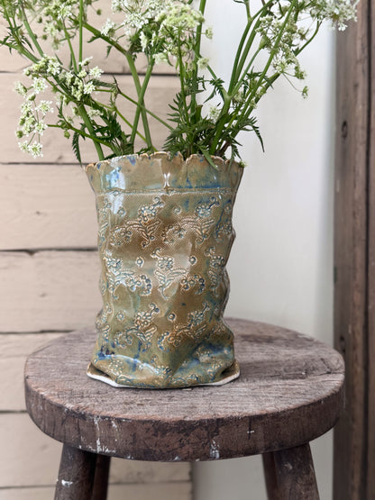 Incredible Studio Pottery Sculptural Vase with Impressed Floral Design, Signed C.Raven