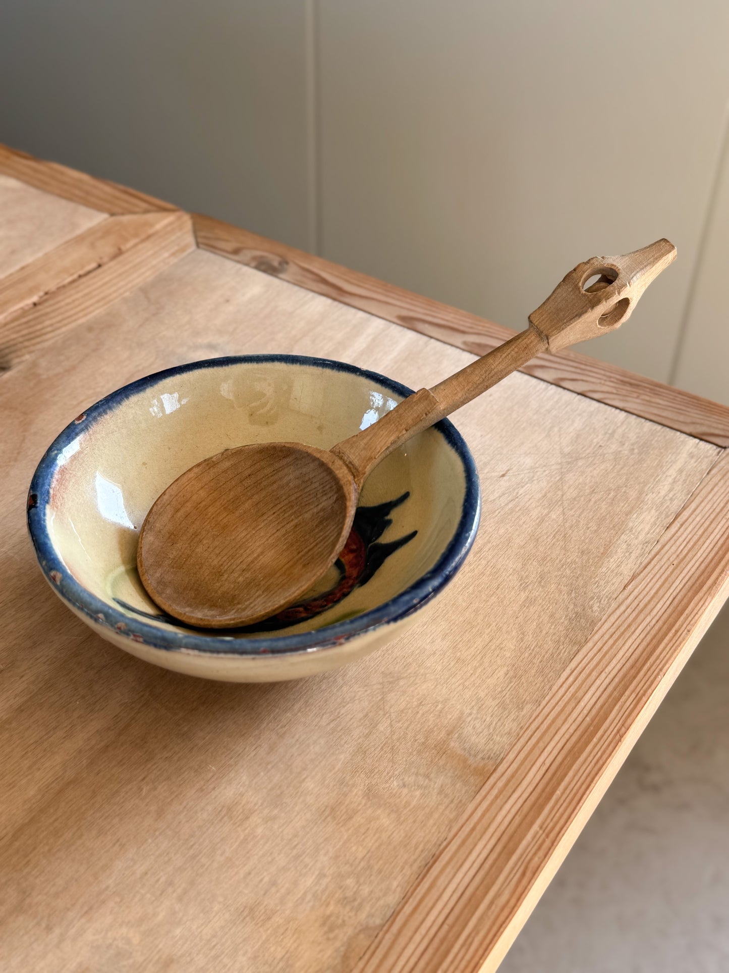 Antique Welsh Hand-Carved Cawl Spoon with Carved Ball Handle