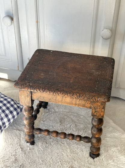 Antique Carved Solid Oak Bobbin Stool | Side Table