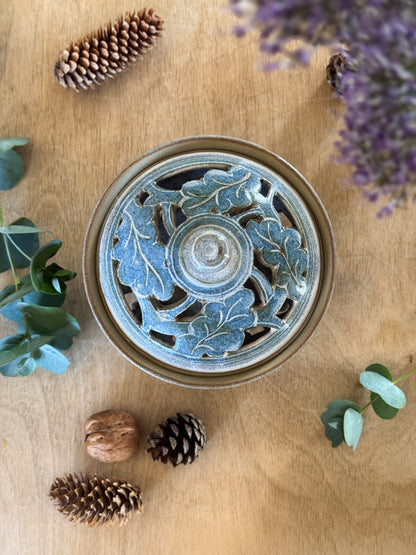 Welsh Studio Pottery Blue Oak Leaf Trinket Bowl by Anvil Pottery (Lidded & Pierced Design)