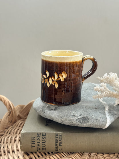 Antique Slipware Cup with Hand-Trailed Floral Decoration - Traditional British Earthenware, Rich Treacle Glaze, Early 20th Century